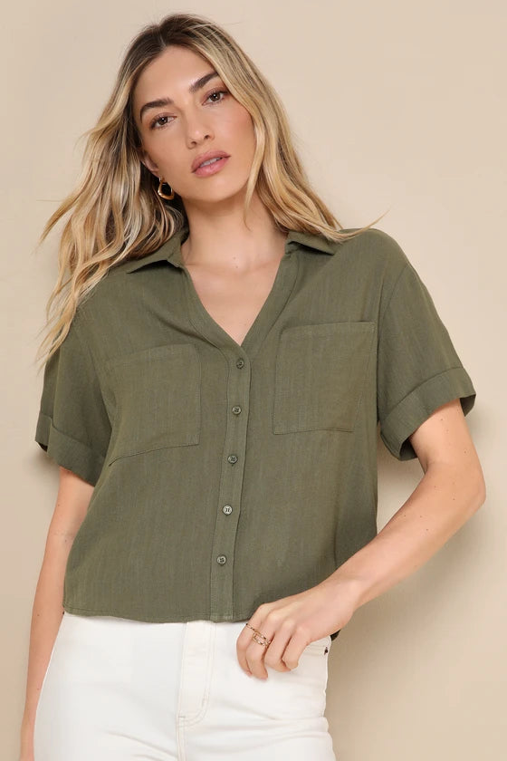 Summer Escapades Beige Linen Collared Button-Up Shirt
