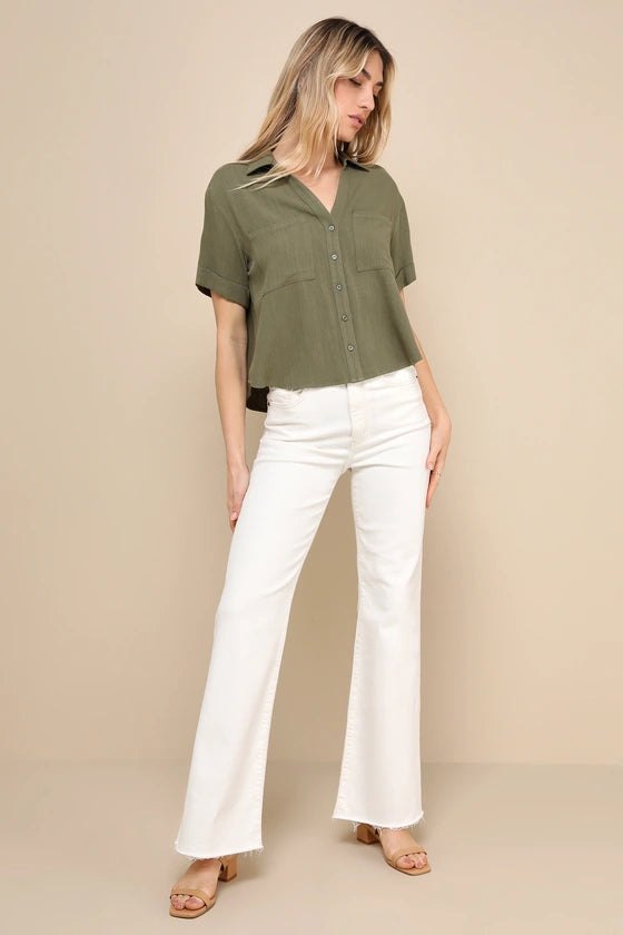 Summer Escapades Beige Linen Collared Button-Up Shirt