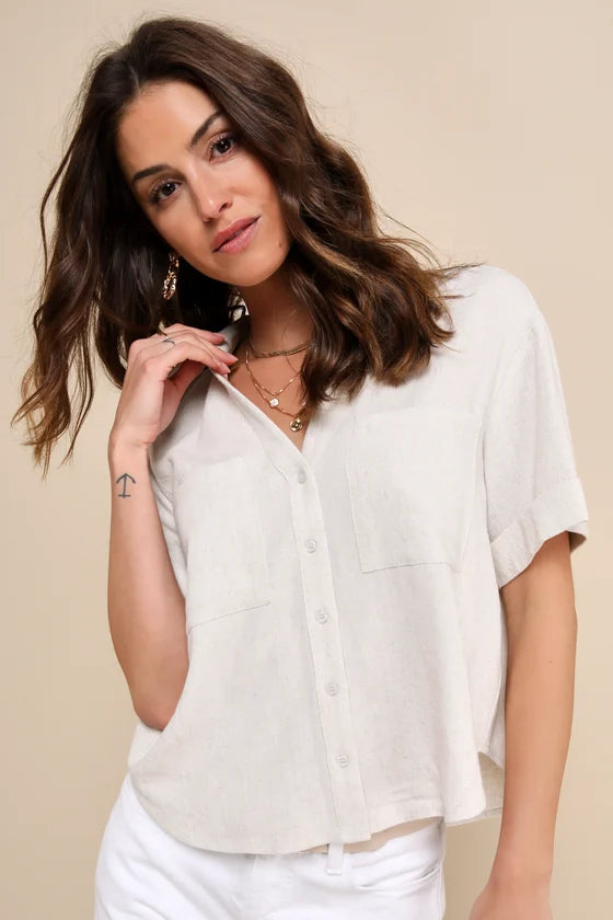 Summer Escapades Beige Linen Collared Button-Up Shirt