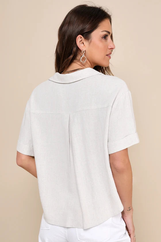Summer Escapades Beige Linen Collared Button-Up Shirt