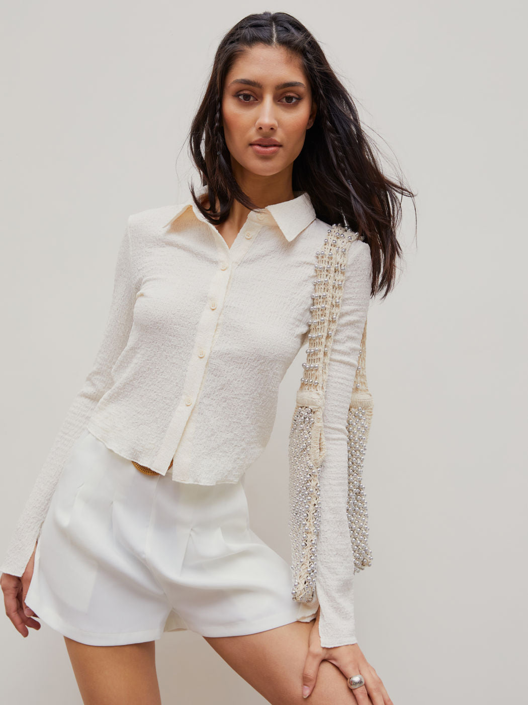 Texture Solid Bell Sleeve Crop Shirt