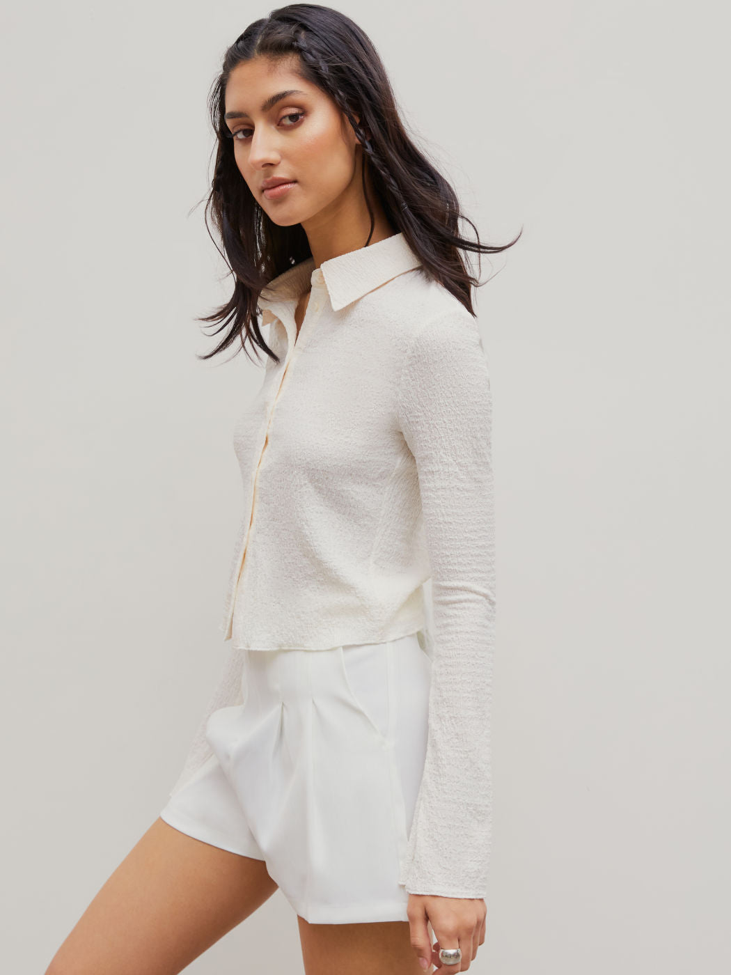 Texture Solid Bell Sleeve Crop Shirt