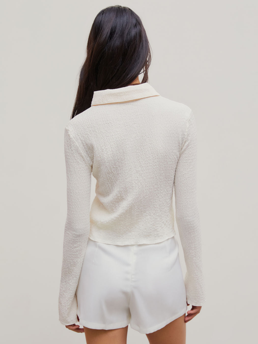 Texture Solid Bell Sleeve Crop Shirt