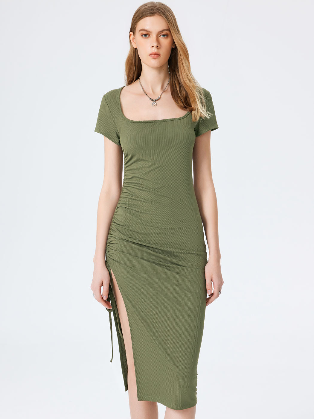 Square Neck Ruched Knotted Split Midi Dress