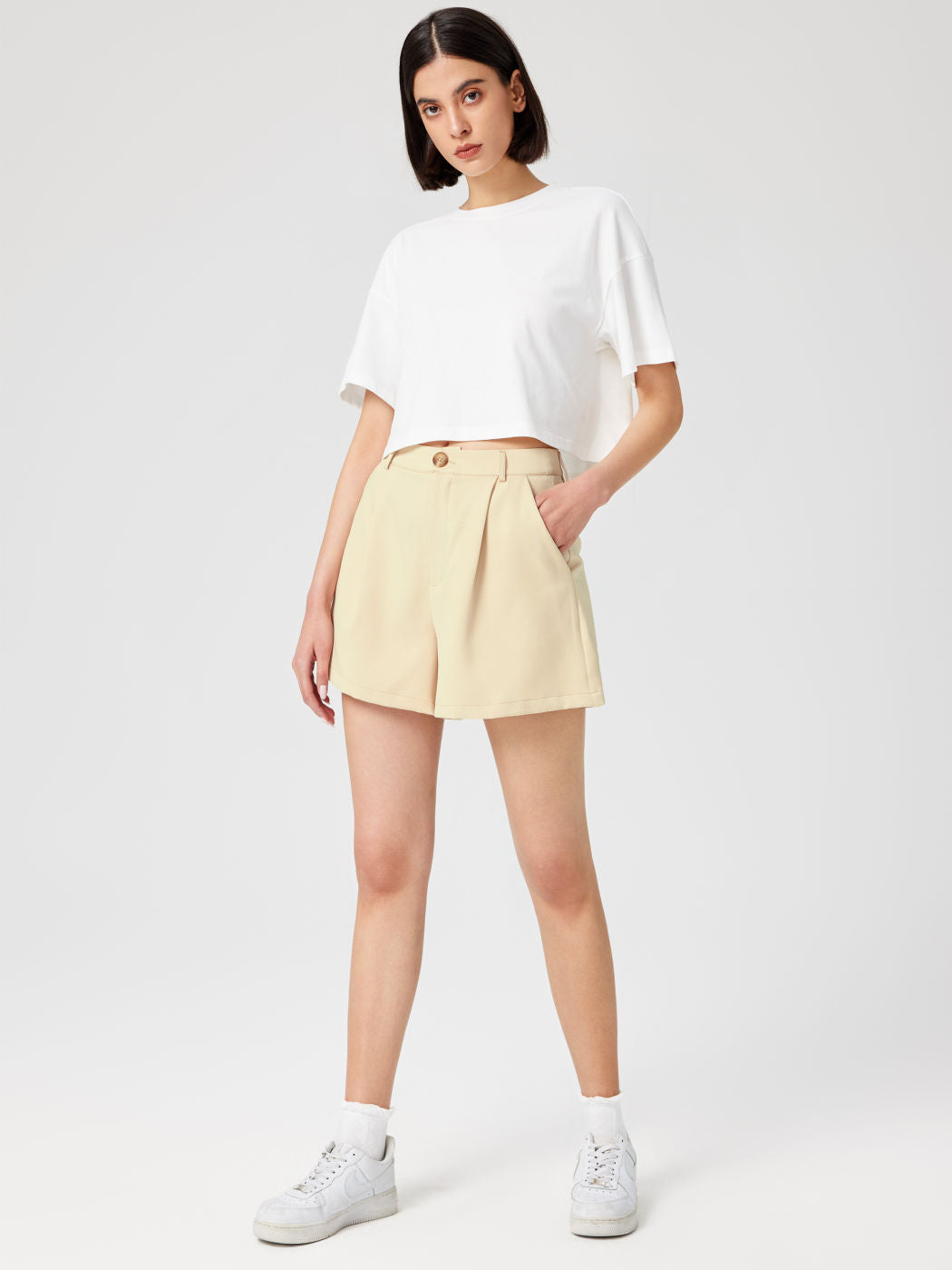 Mid Rise Solid Button Pocket Shorts