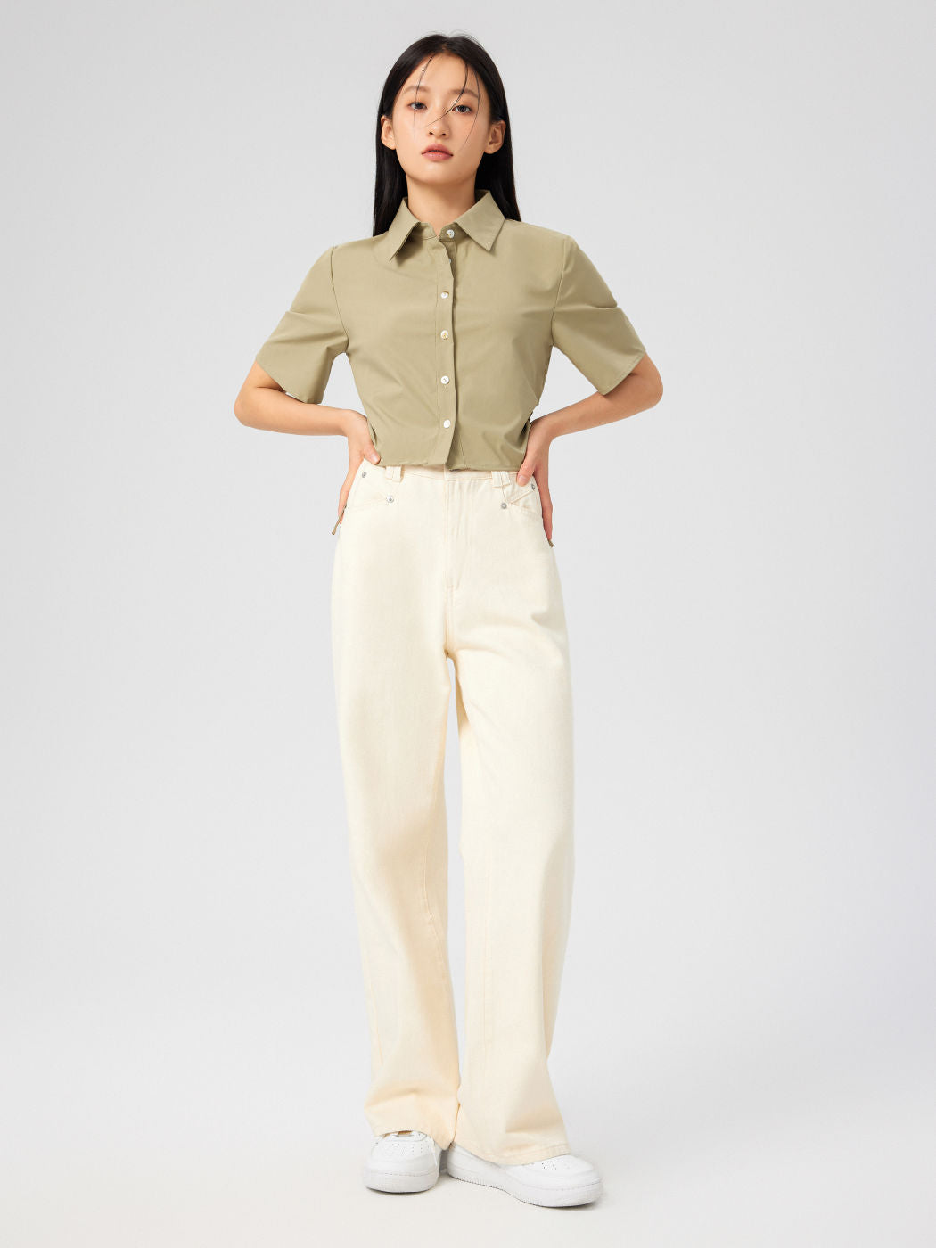 Collar Button Drawstring Short Sleeve Crop Shirt