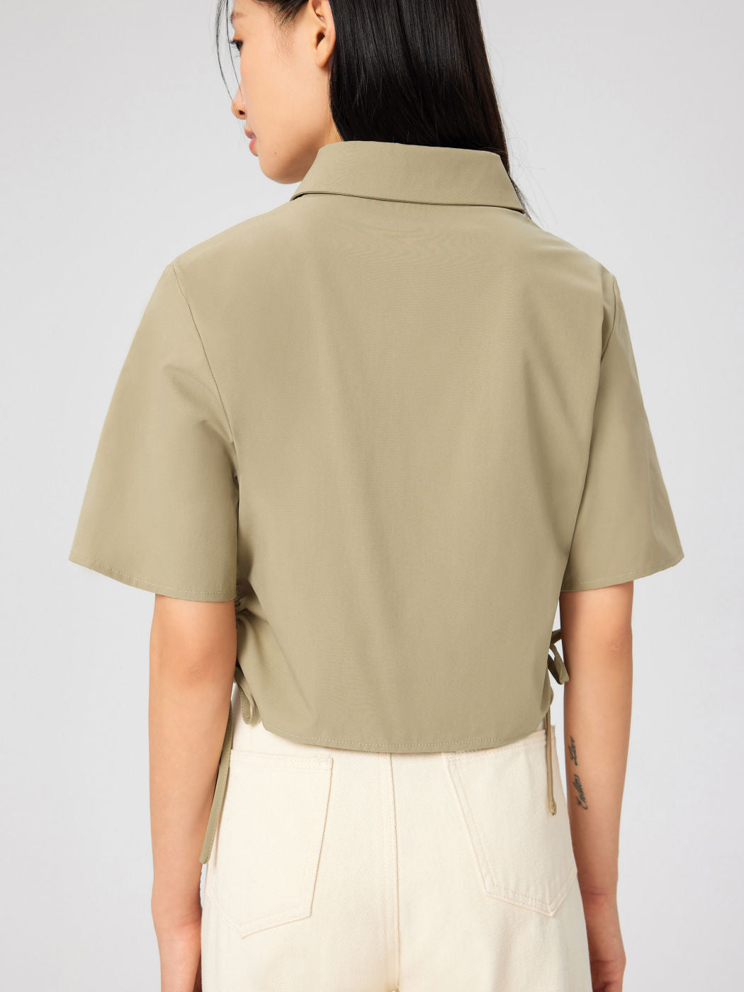 Collar Button Drawstring Short Sleeve Crop Shirt
