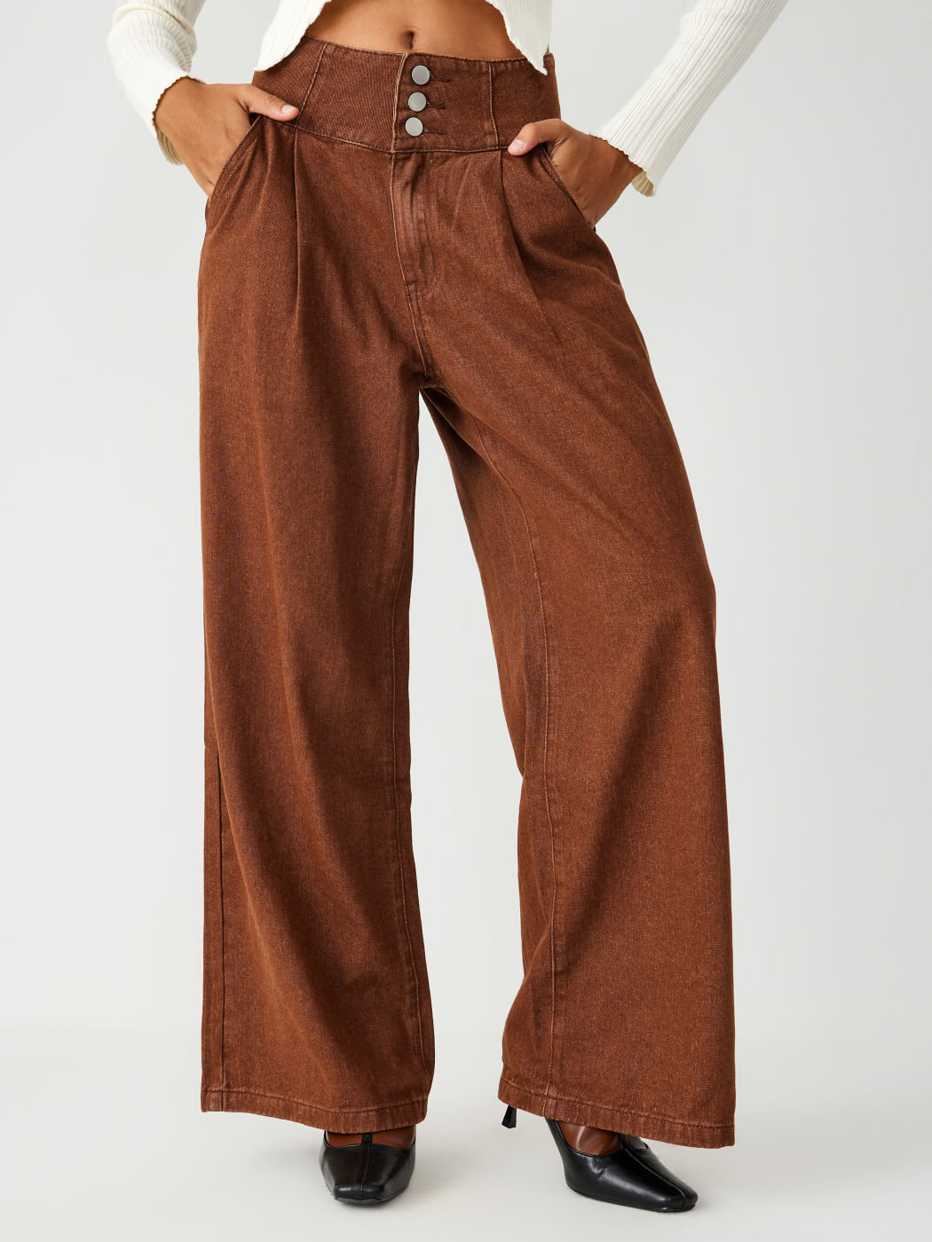 Denim Mid Waist Solid Wide Leg Jeans