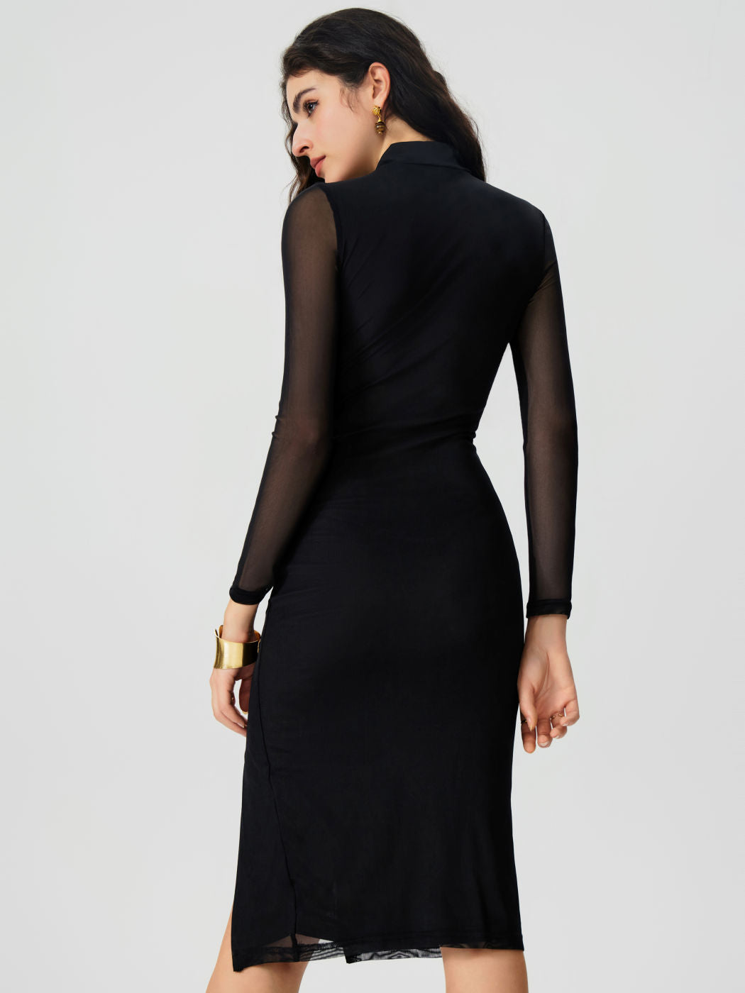 Mock Neck Sheer Slit Midi Dress
