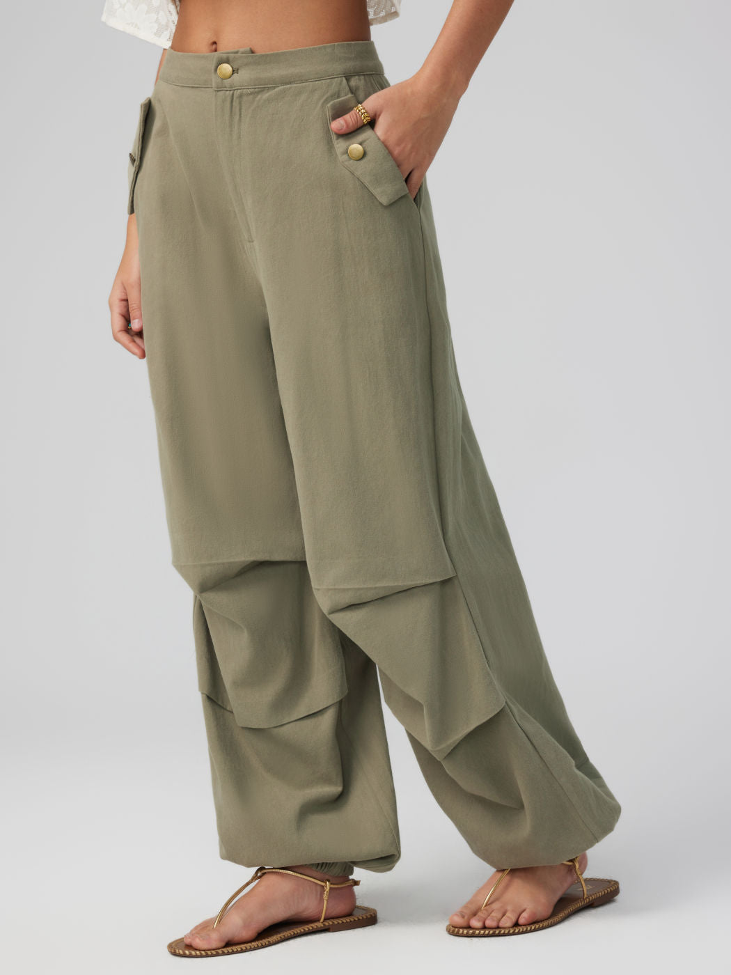 Mid Rise Solid Button Joggers