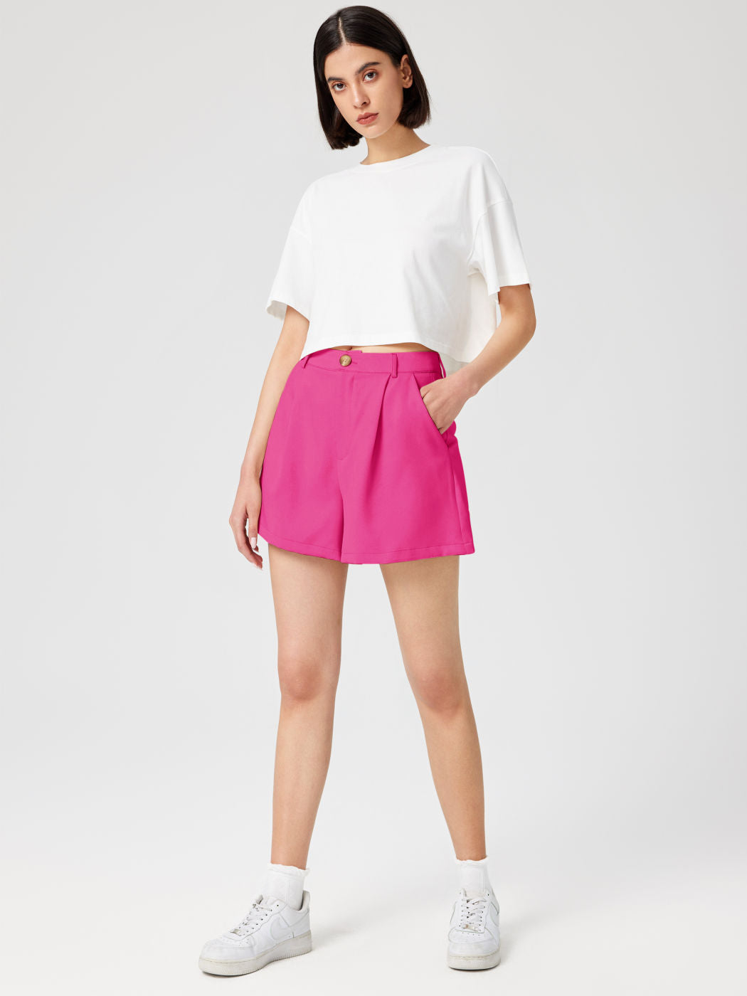 Mid Rise Solid Button Pocket Shorts