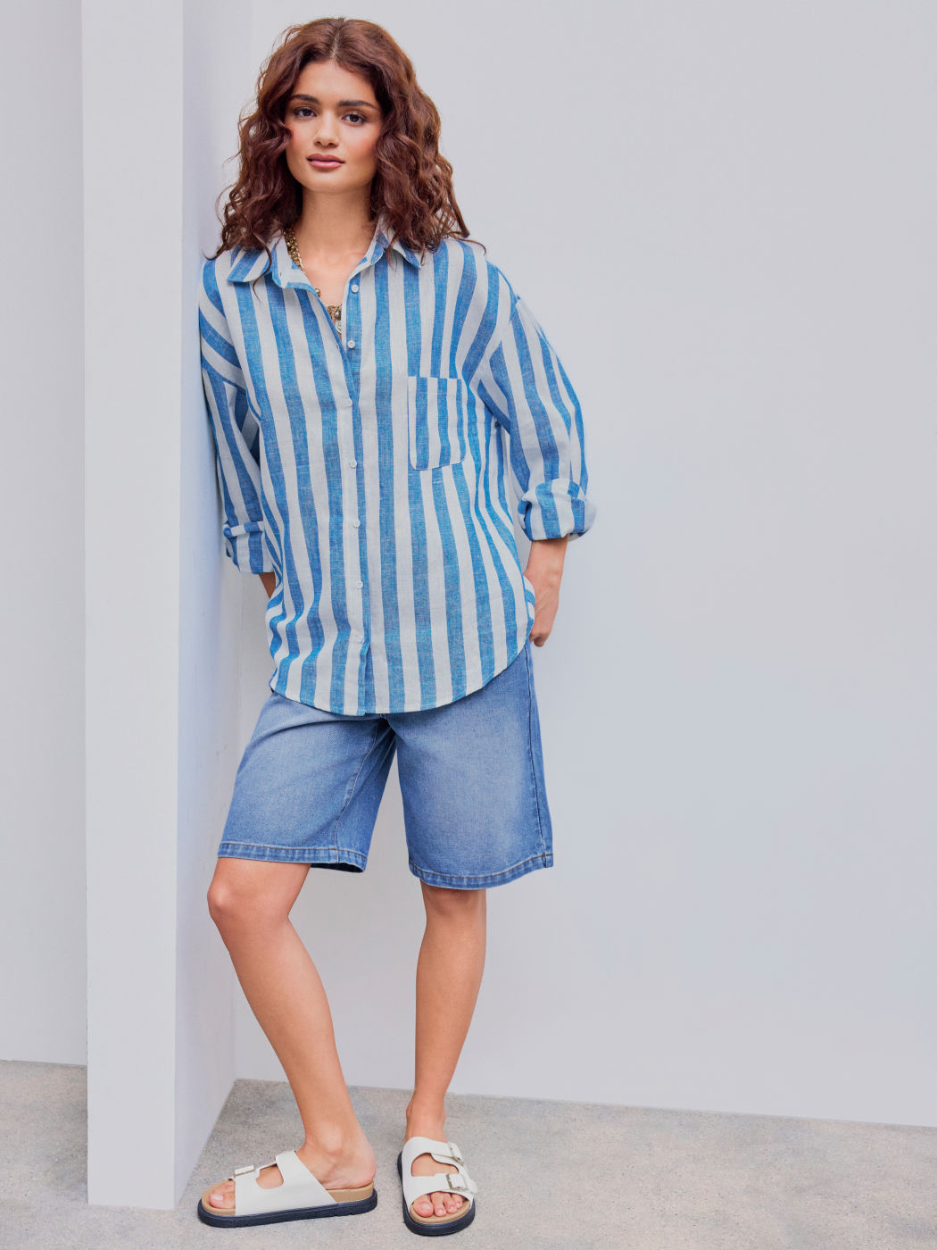 Linen-blend Collar Striped Pocket Long Sleeve Shirt