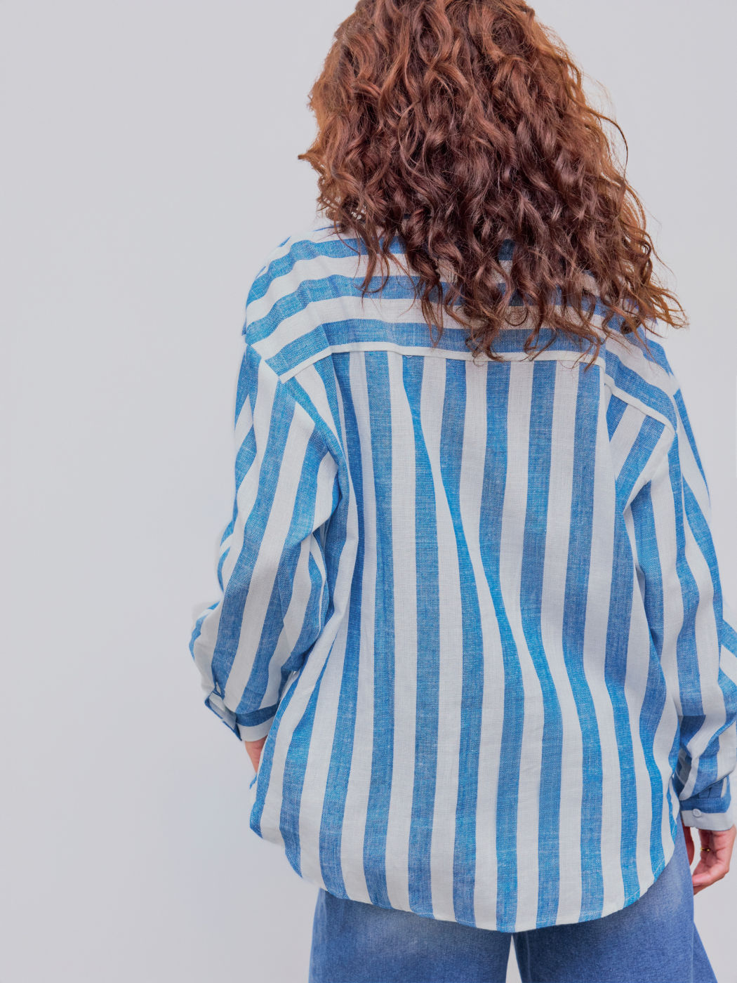 Linen-blend Collar Striped Pocket Long Sleeve Shirt