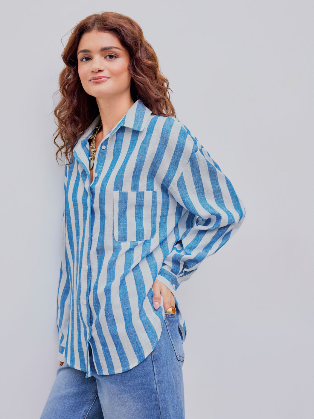 Linen-blend Collar Striped Pocket Long Sleeve Shirt