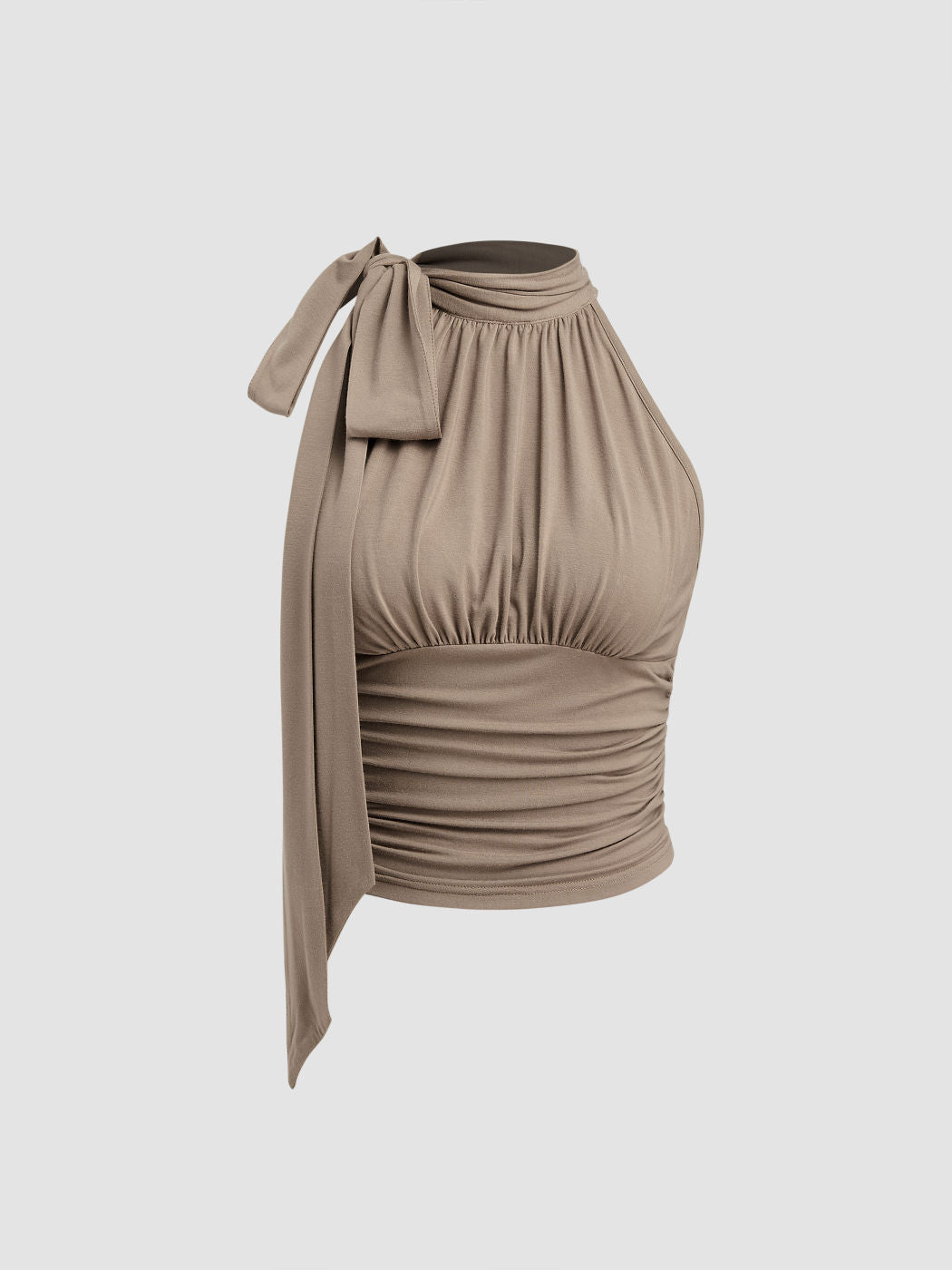 Stand Collar Solid Ruched Knotted Crop Top