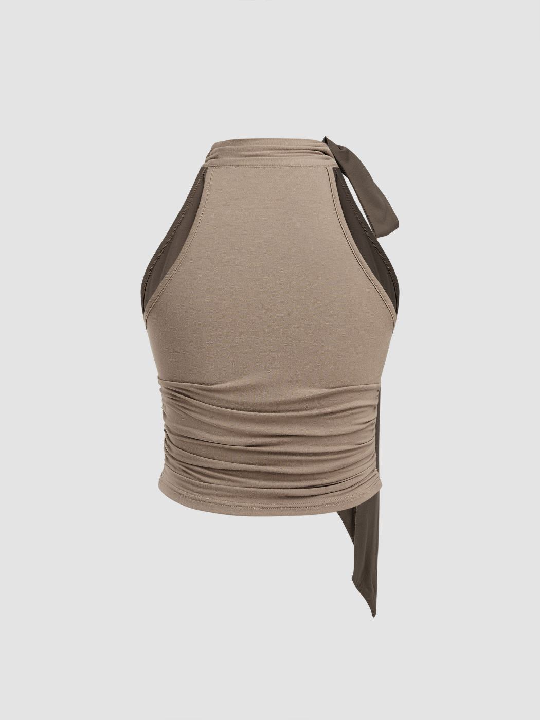 Stand Collar Solid Ruched Knotted Crop Top