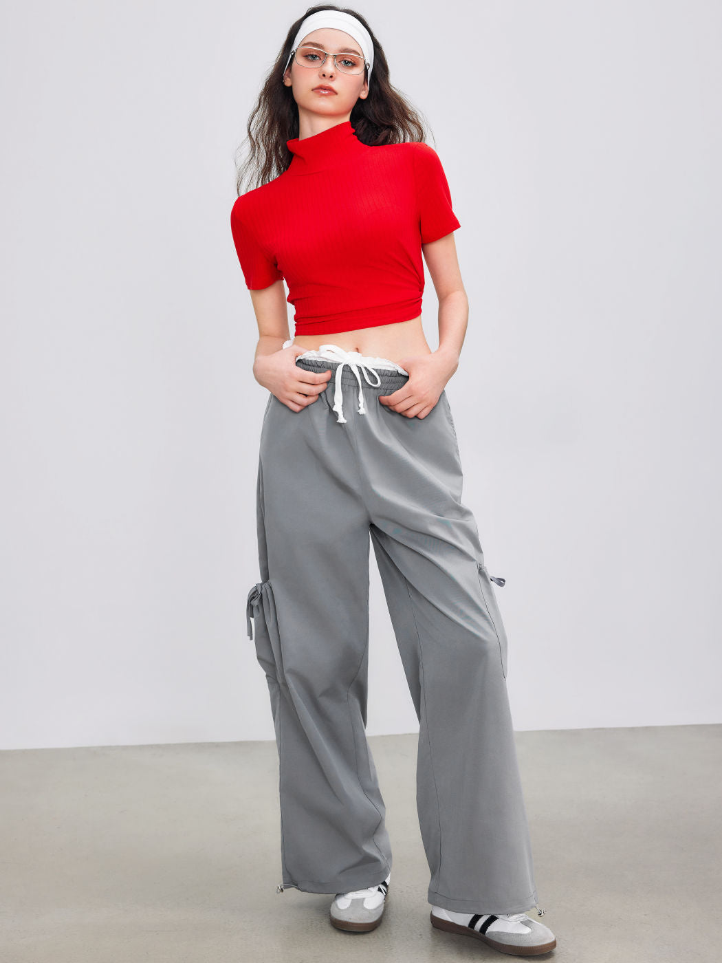 High Rise Lettuce Trim Wide Leg Cargo Pants