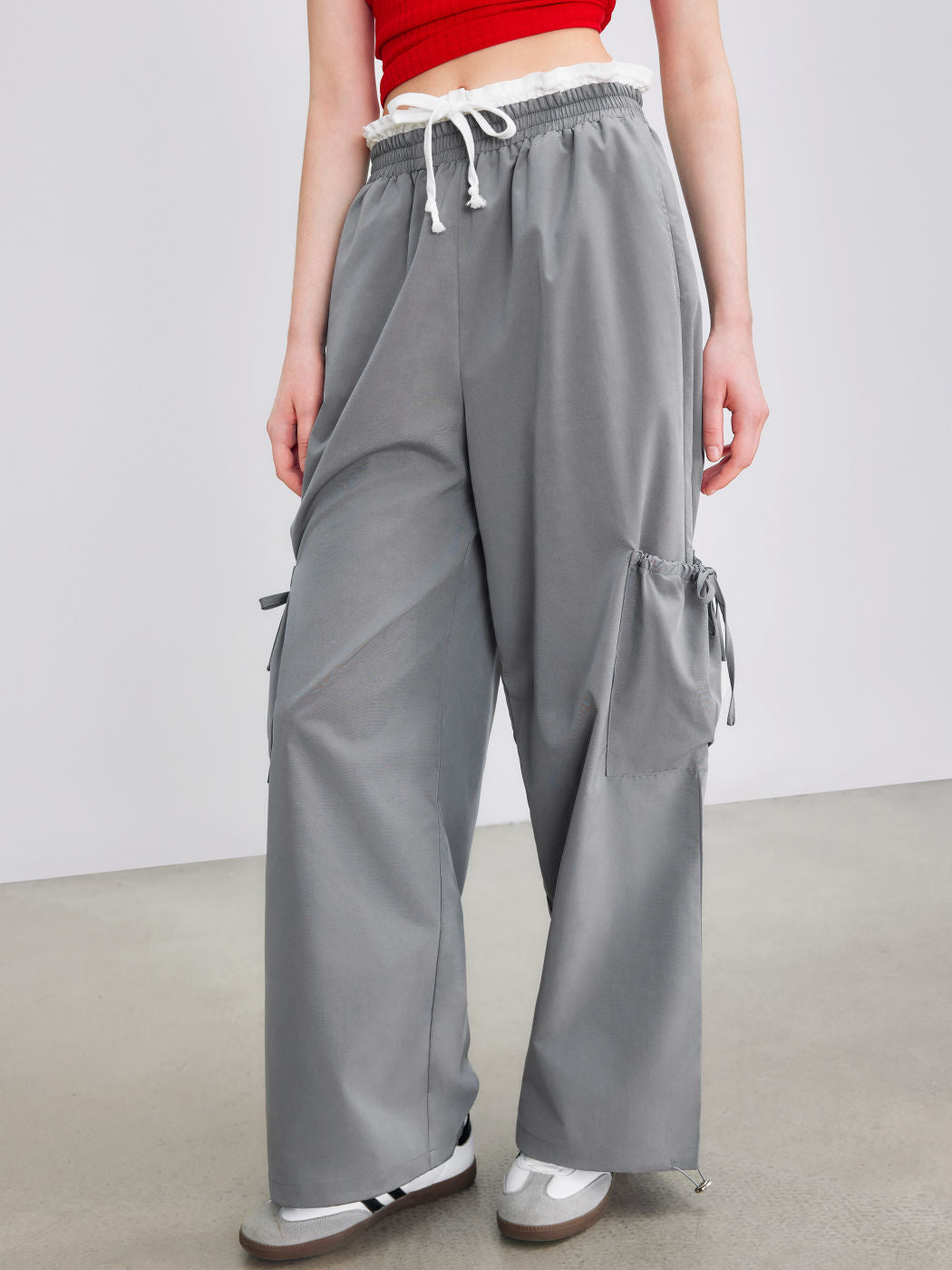 High Rise Lettuce Trim Wide Leg Cargo Pants