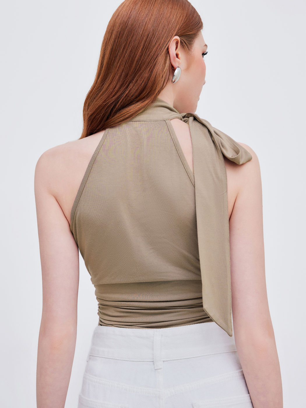 Stand Collar Solid Ruched Knotted Crop Top