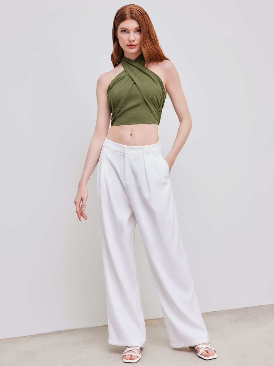 Cross Halter Shirred Back Crop Top