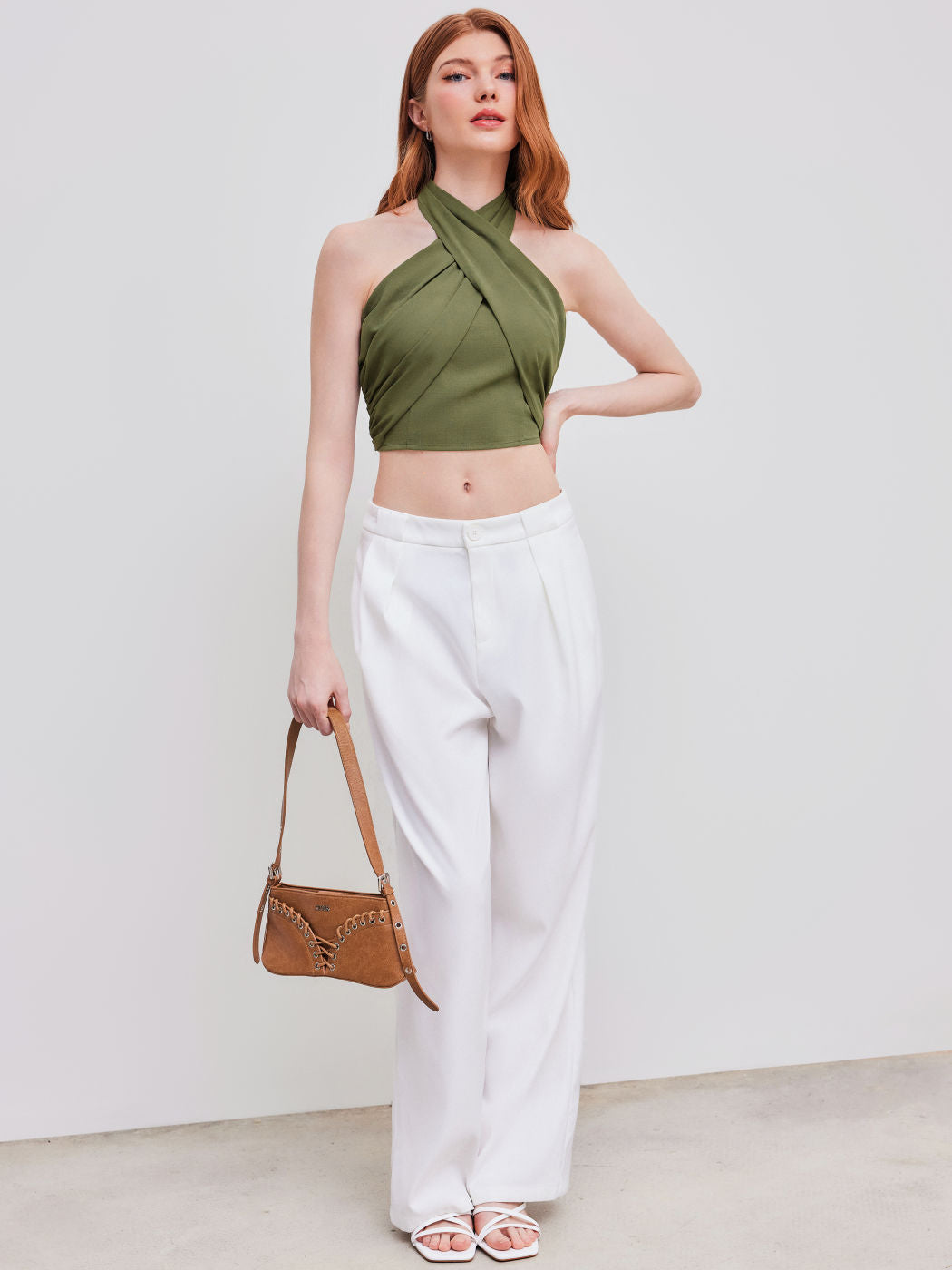 Cross Halter Shirred Back Crop Top