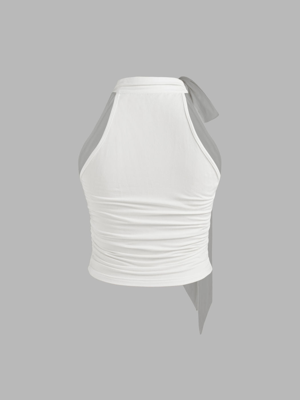 Stand Collar Solid Ruched Knotted Crop Top
