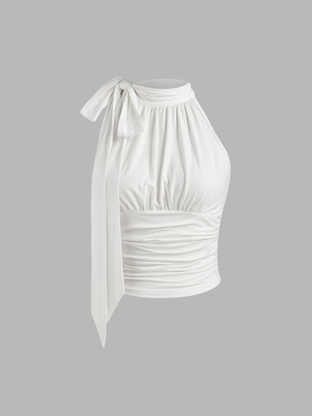 Stand Collar Solid Ruched Knotted Crop Top