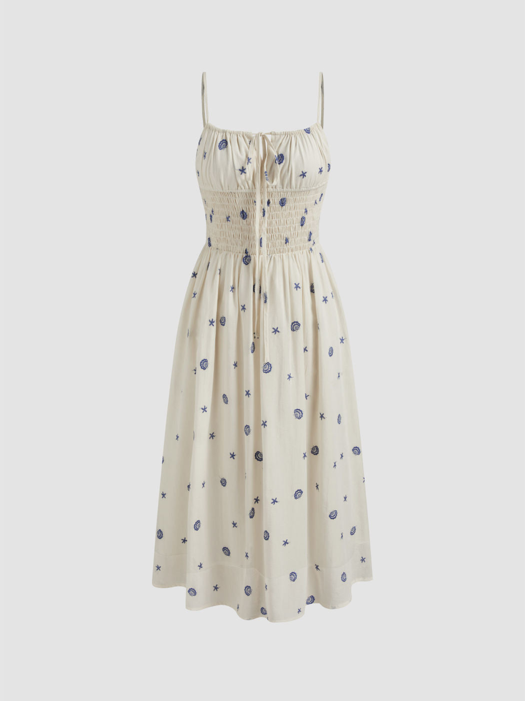 Square Neck Shell & Star Embroidery Knotted Midi Dress