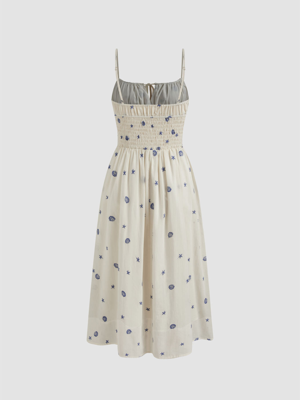 Square Neck Shell & Star Embroidery Knotted Midi Dress
