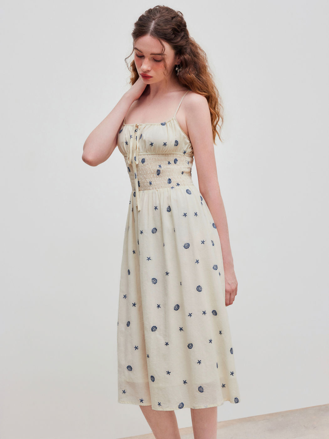 Square Neck Shell & Star Embroidery Knotted Midi Dress