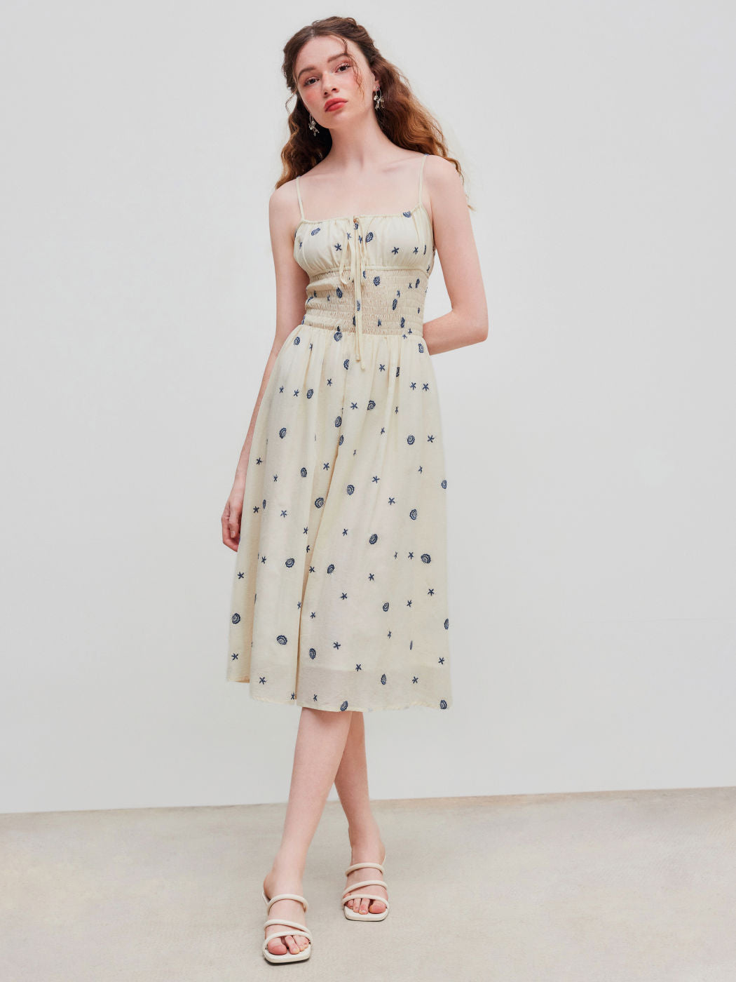 Square Neck Shell & Star Embroidery Knotted Midi Dress