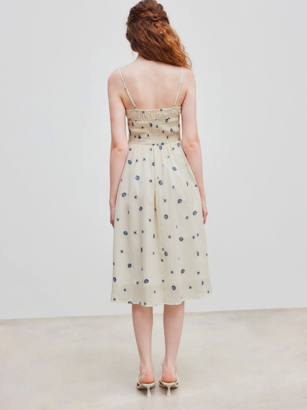 Square Neck Shell & Star Embroidery Knotted Midi Dress