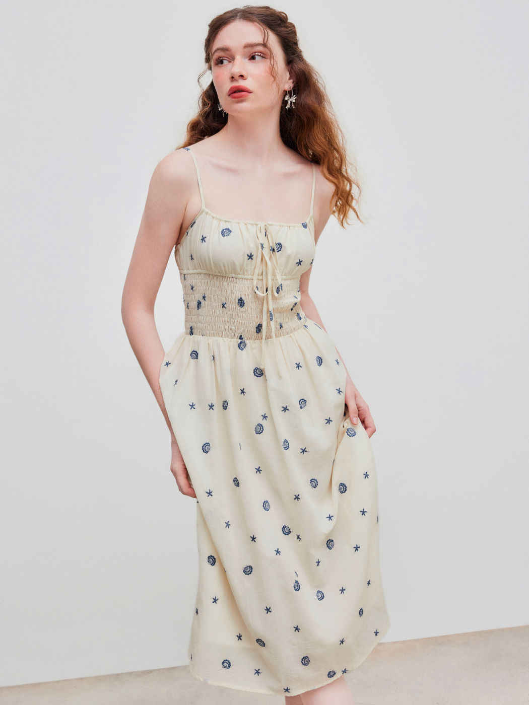 Square Neck Shell & Star Embroidery Knotted Midi Dress
