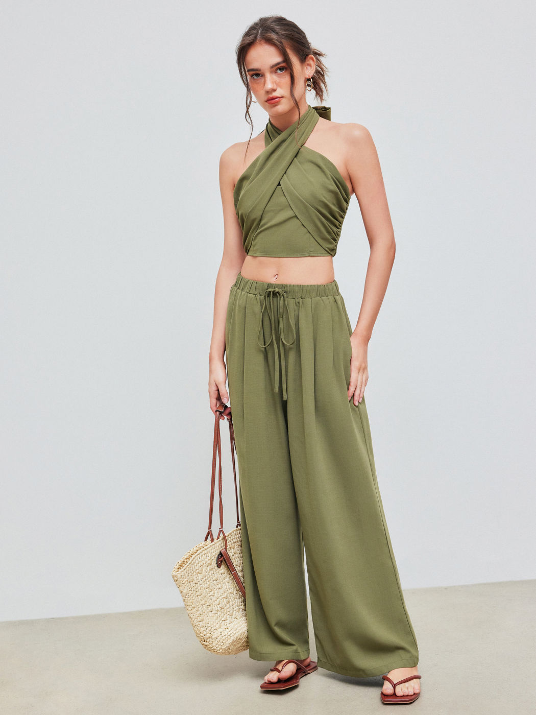 Cross Halter Shirred Back Crop Top
