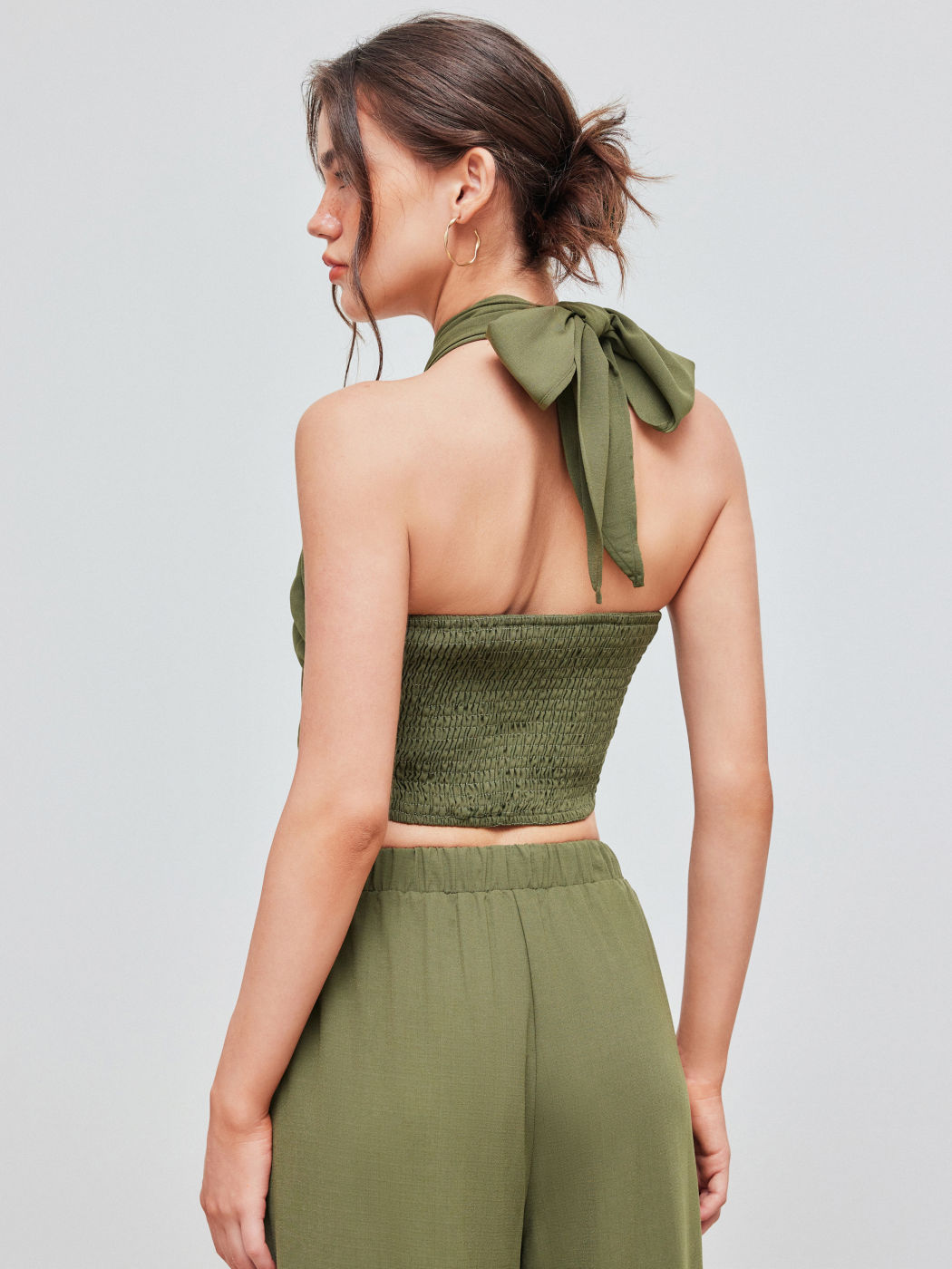 Cross Halter Shirred Back Crop Top