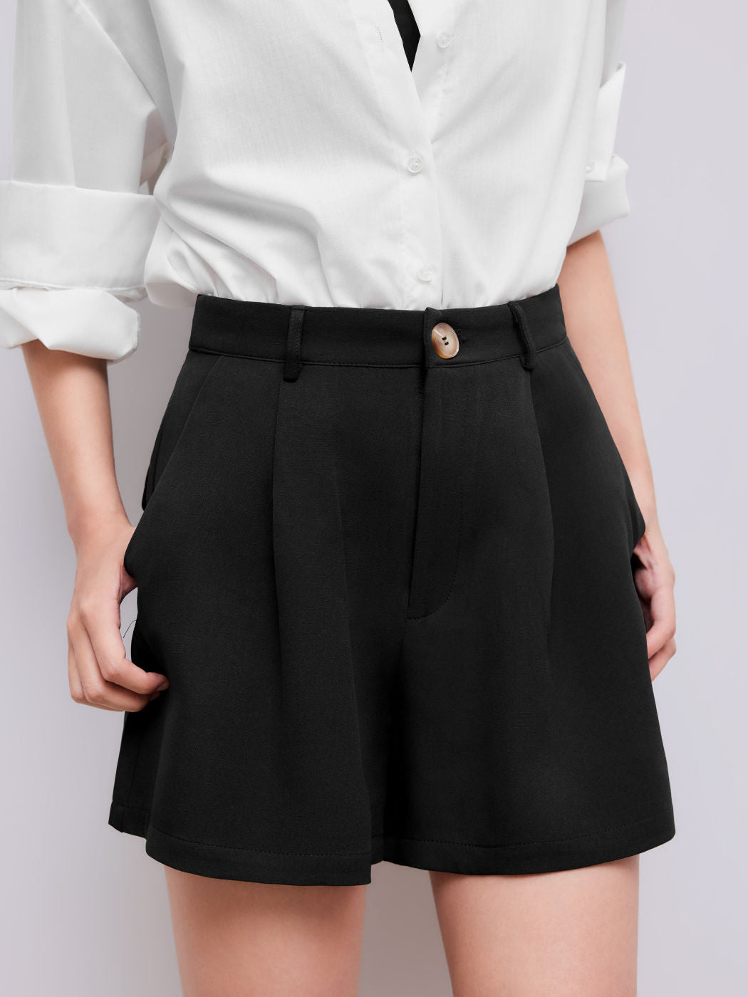 Mid Rise Solid Button Pocket Shorts