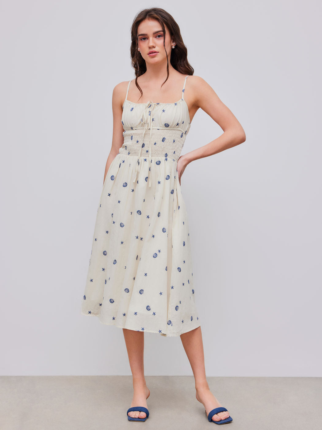 Square Neck Shell & Star Embroidery Knotted Midi Dress