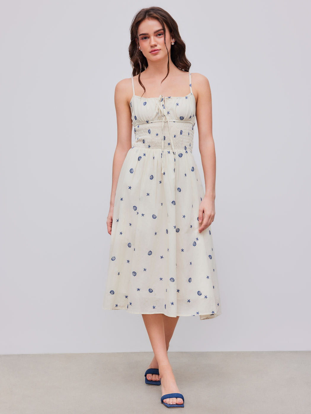 Square Neck Shell & Star Embroidery Knotted Midi Dress