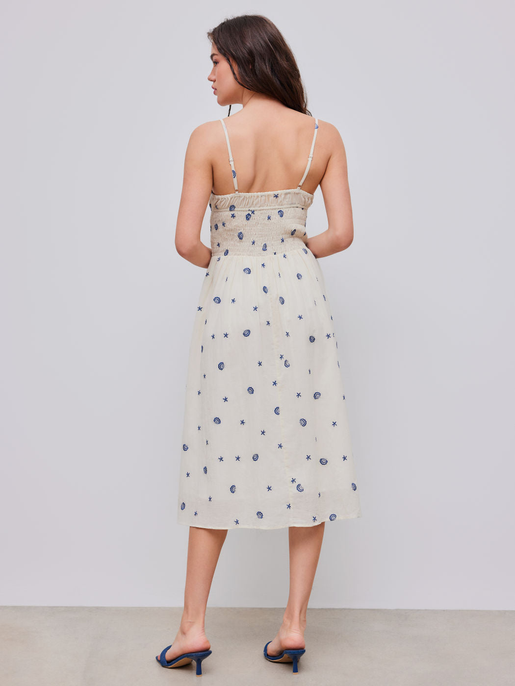 Square Neck Shell & Star Embroidery Knotted Midi Dress
