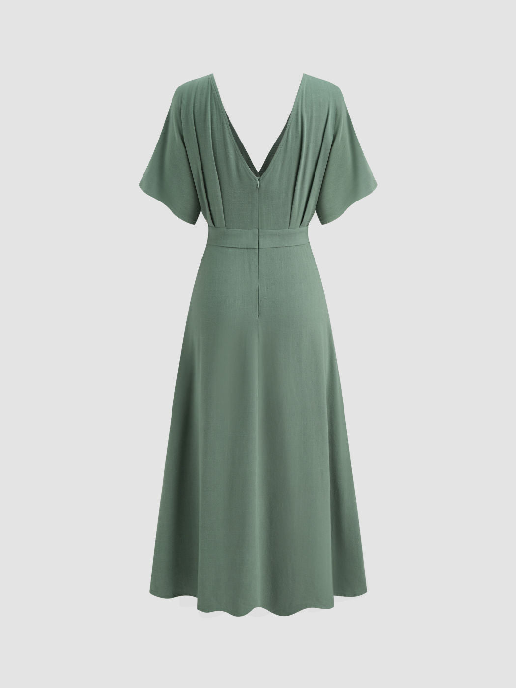 Linen-blend V-neck Solid Ruffle Split Maxi Dress