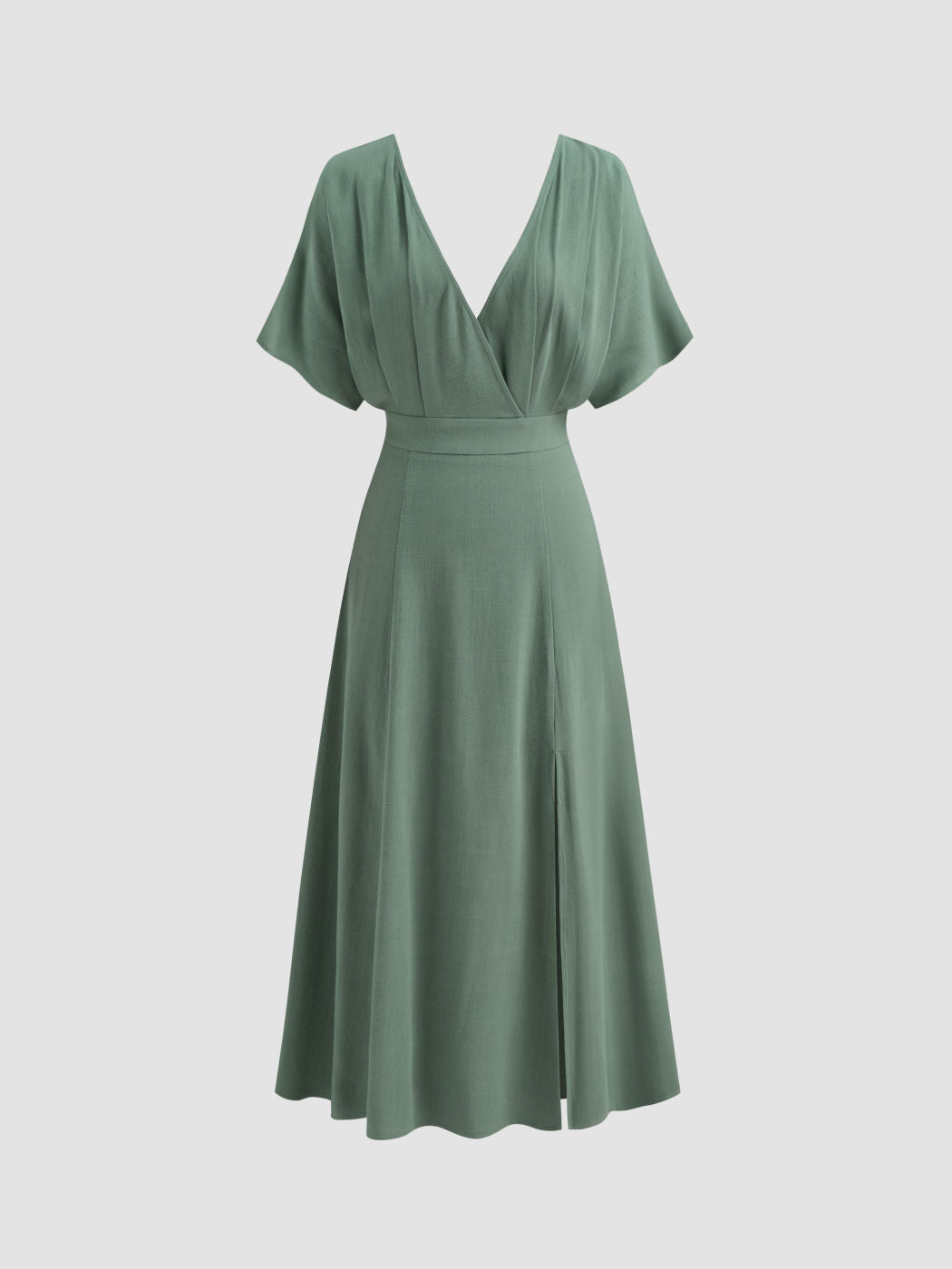 Linen-blend V-neck Solid Ruffle Split Maxi Dress