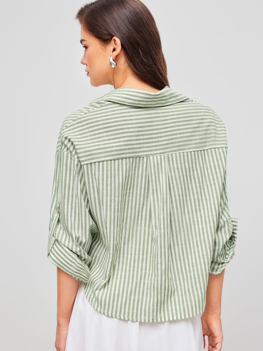 Cotton-blend Collar Striped Knotted Roll-up Long Sleeve Shirt