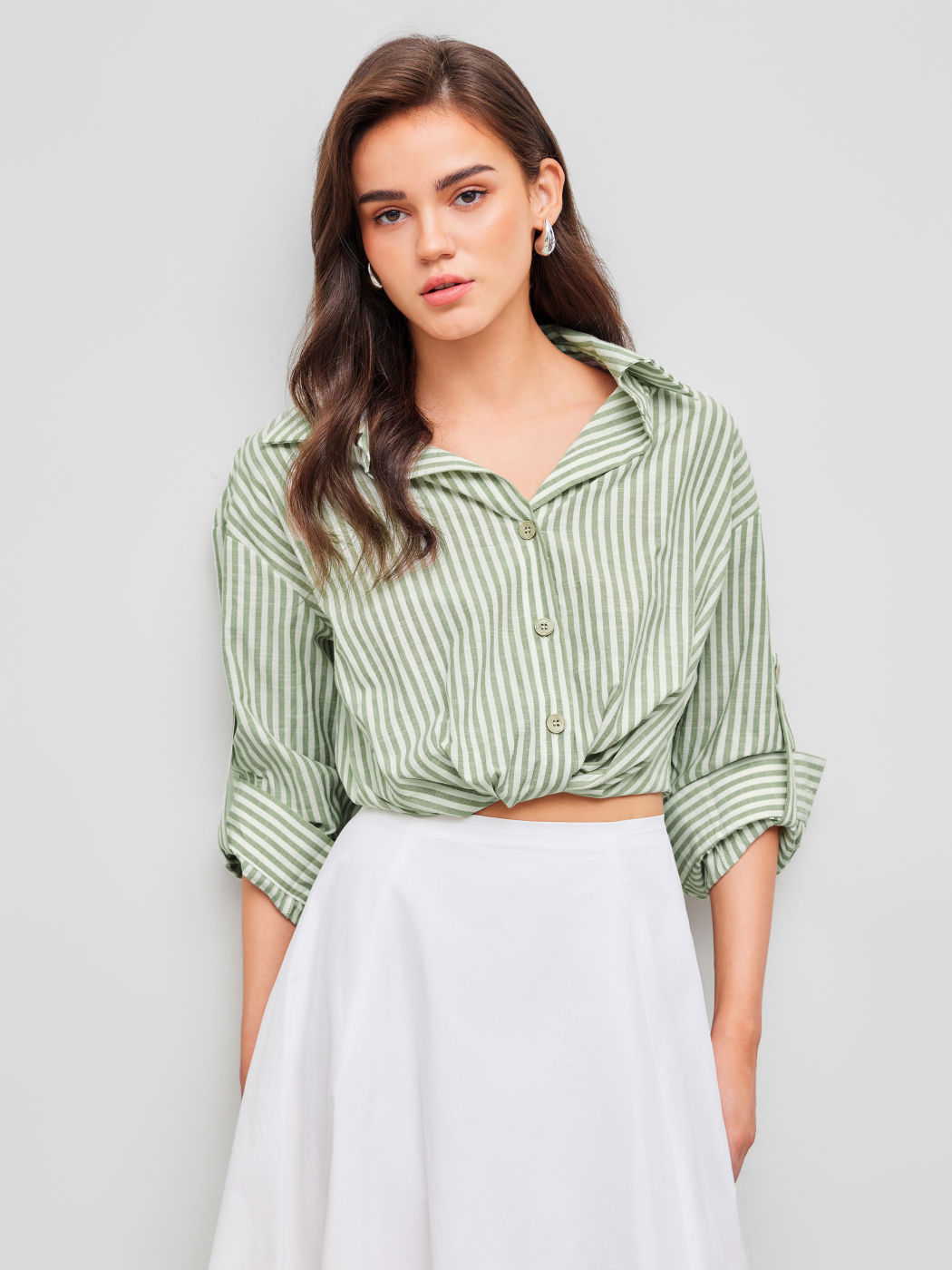 Cotton-blend Collar Striped Knotted Roll-up Long Sleeve Shirt