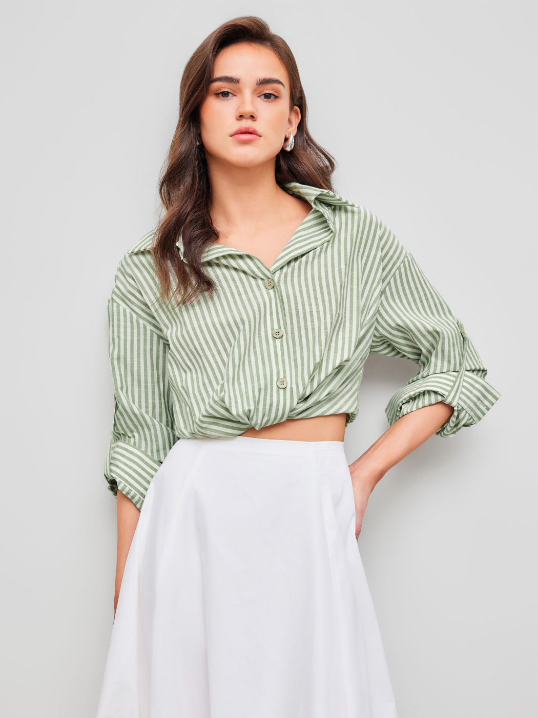 Cotton-blend Collar Striped Knotted Roll-up Long Sleeve Shirt