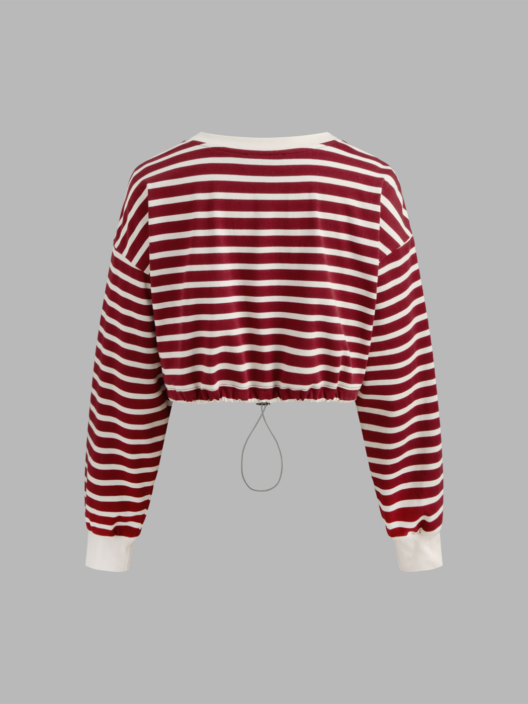 Cotton-blend Round Neckline Striped Drawstring Long Sleeve Crop Tee