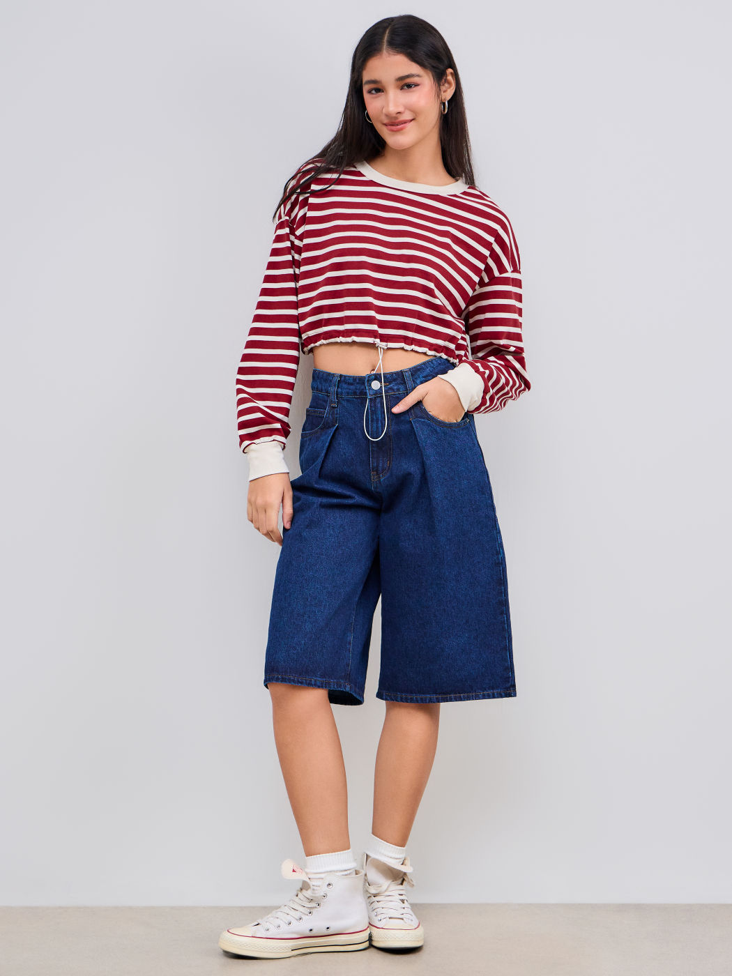 Cotton-blend Round Neckline Striped Drawstring Long Sleeve Crop Tee