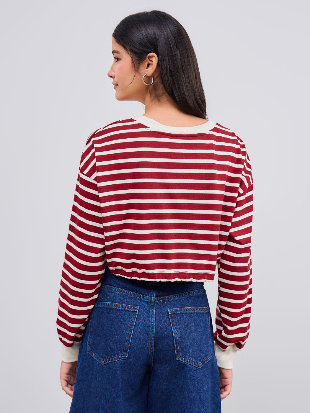 Cotton-blend Round Neckline Striped Drawstring Long Sleeve Crop Tee