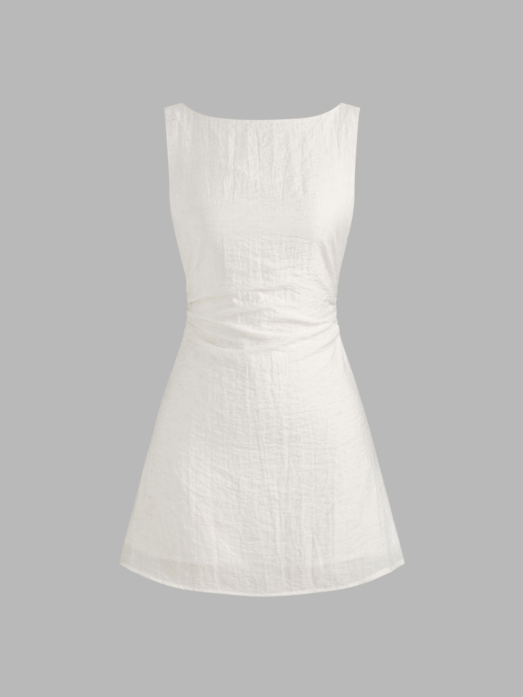 Linen-blend Boat Neck Solid Knotted Backless Mini Dress