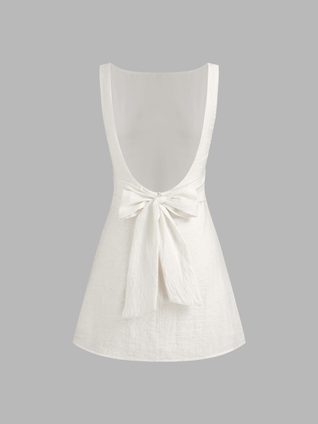 Linen-blend Boat Neck Solid Knotted Backless Mini Dress