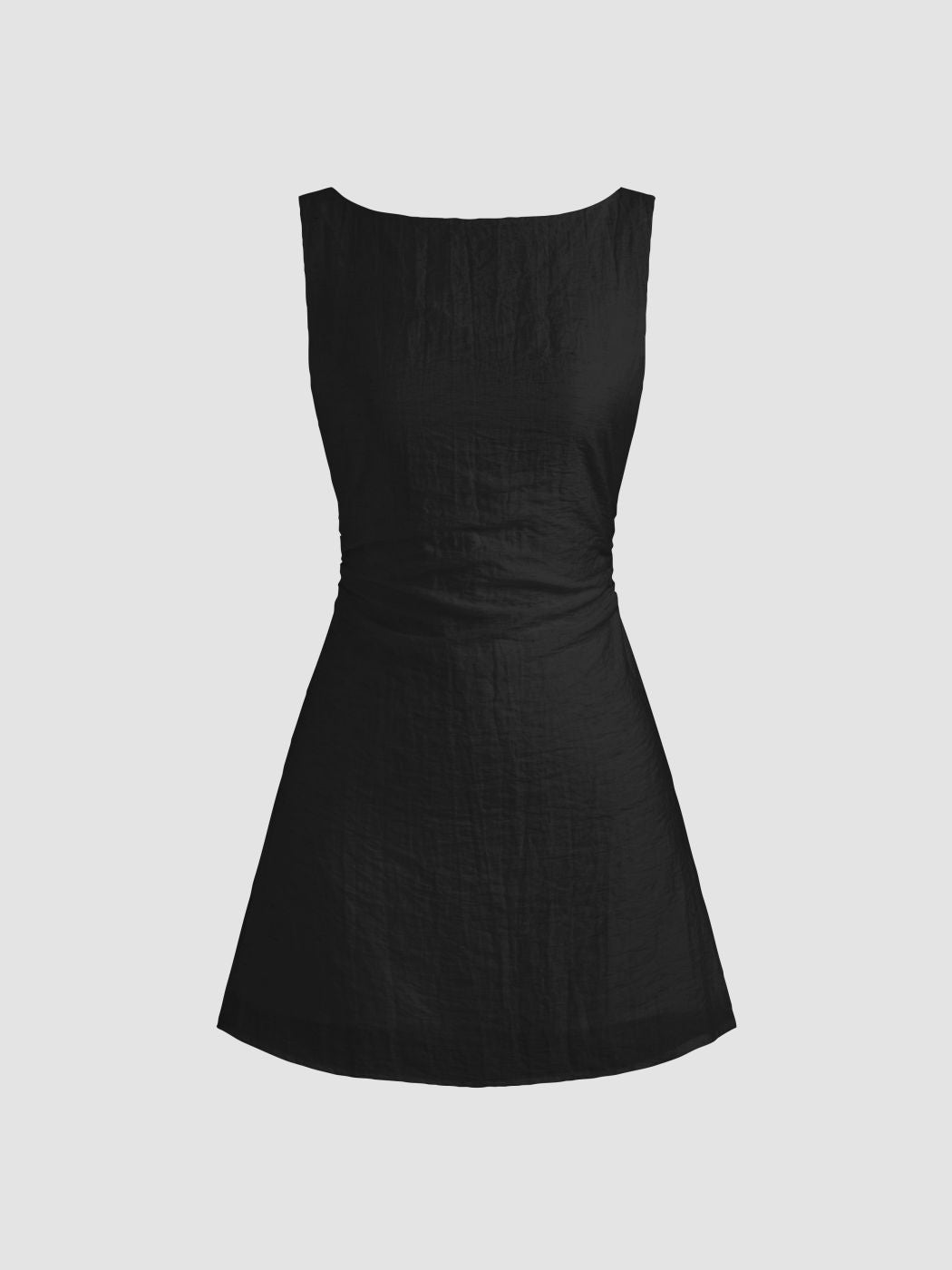 Linen-blend Boat Neck Solid Knotted Backless Mini Dress